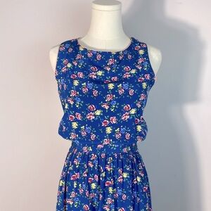 Vintage Silk Allen Solly Floral Blue Sleeveless Midi Dress Prairie size 4